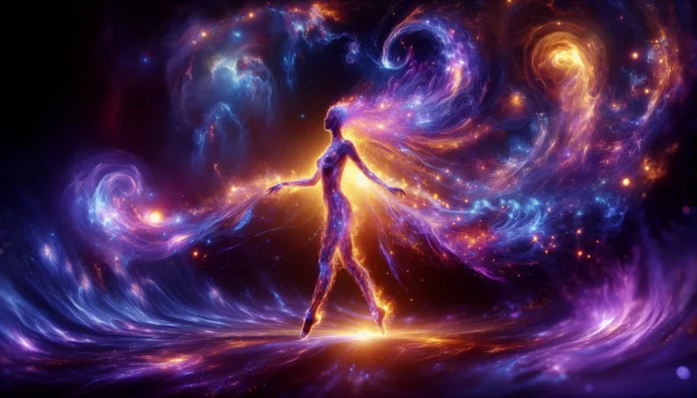 Ilustração de ser humano feito de galáxias dançando, representando a espiritualidade e a conexão entre vida e universo. Estilo psicodélico, cores vibrantes, alta definição.