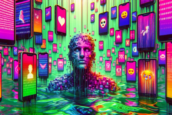 Pessoa submersa em smartphones flutuantes com rosto glitchado, simbolizando a sensação de desconexão na era digital e a busca por espiritualidade autêntica. Arte glitch cyberpunk com códigos binários e emojis.