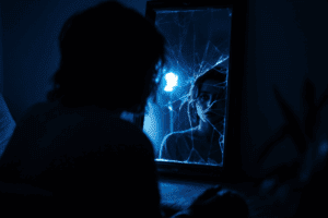 Jovem com autoestima baixa olhando seu reflexo em um espelho quebrado, expressando solidão e sentimento de inferioridade. Cena emocional e cinematográfica sobre autocrítica e insegurança.