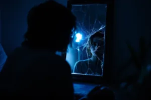 Jovem com autoestima baixa olhando seu reflexo em um espelho quebrado, expressando solidão e sentimento de inferioridade. Cena emocional e cinematográfica sobre autocrítica e insegurança.