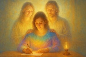 Mulher escrevendo uma carta sob influência espiritual, com mentores iluminados ao fundo, representando a mediunidade e a espiritualidade.