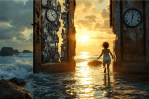 Porta flutuante no oceano simbolizando a ilusão do tempo: lado esquerdo mostra caos urbano em preto e branco com relógios; lado direito revela criança livre em campo dourado, representando a existência presente e realidade transcendente. Hiperrealismo dramático.