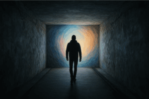 Homem caminhando em direção a um portal de luz vibrante, representando uma metáfora visual sobre o medo da morte e a possibilidade de renascimento.