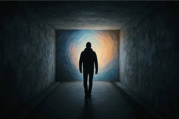 Homem caminhando em direção a um portal de luz vibrante, representando uma metáfora visual sobre o medo da morte e a possibilidade de renascimento.
