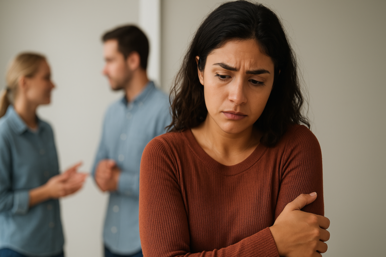 Mulher morena sentada sozinha em um banco, olhando para baixo com expressão triste, representando o medo da rejeição e o distanciamento emocional de outras pessoas ao fundo.