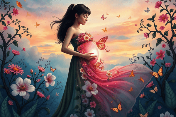 Mulher grávida em vestido prateado acariciando sua barriga brilhante sob a lua crescente, com pele cintilando constelações e animais espirituais (lobo e pomba) ao redor. Representa o significado espiritual de sonhar que está grávida – renovação e proteção divina.