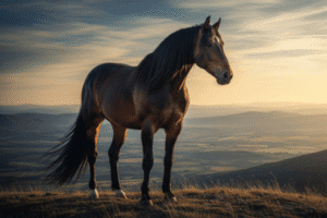 Cavalo majestoso em paisagem etérea ao pôr do sol, simbolizando a força espiritual e a liberdade do Arquétipo do Cavalo.