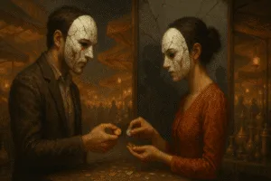 Cena hiperrealista e surrealista representando o amor verdadeiro como uma troca mecânica entre um casal mascarado em um mercado ao entardecer, rodeado por barracas de antiguidades e reflexos simbólicos.
