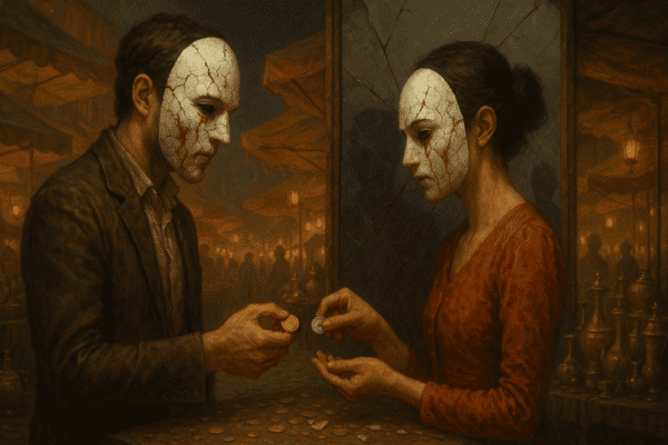 Cena hiperrealista e surrealista representando o amor verdadeiro como uma troca mecânica entre um casal mascarado em um mercado ao entardecer, rodeado por barracas de antiguidades e reflexos simbólicos.
